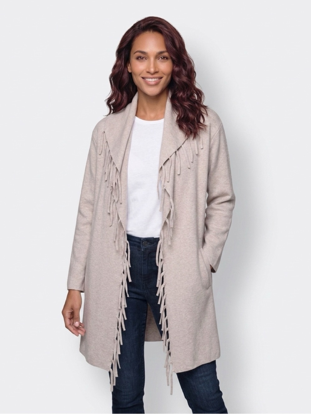 STYLE & CO Sweater Jacket Cardigan Drape Collar Fringe Neutral Beige Women
